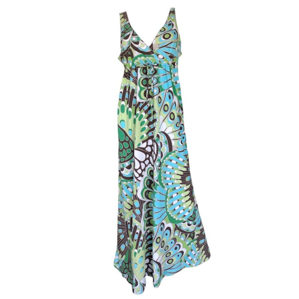 Old Navy Maxi Dress Women L Blue AOP Flowy Coastal Beach Vacation Knit Tropical